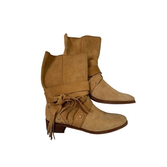 See by Chloe Brown Suede Boots Size 8.5 Strappy Fringe Slip On - Picture 1 of 5